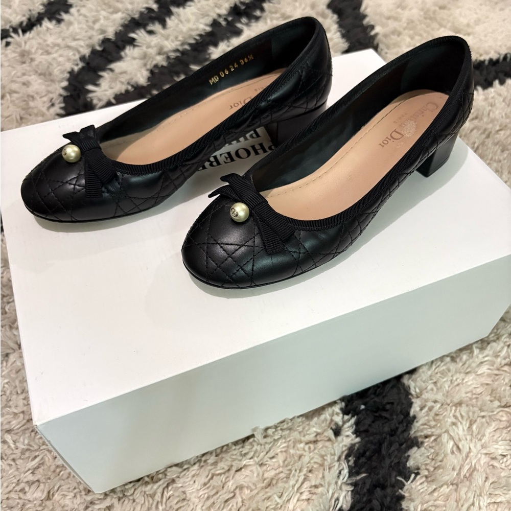 Dior Black Cannage Quilted Leather Low Heel Ballet Pump with Pearl